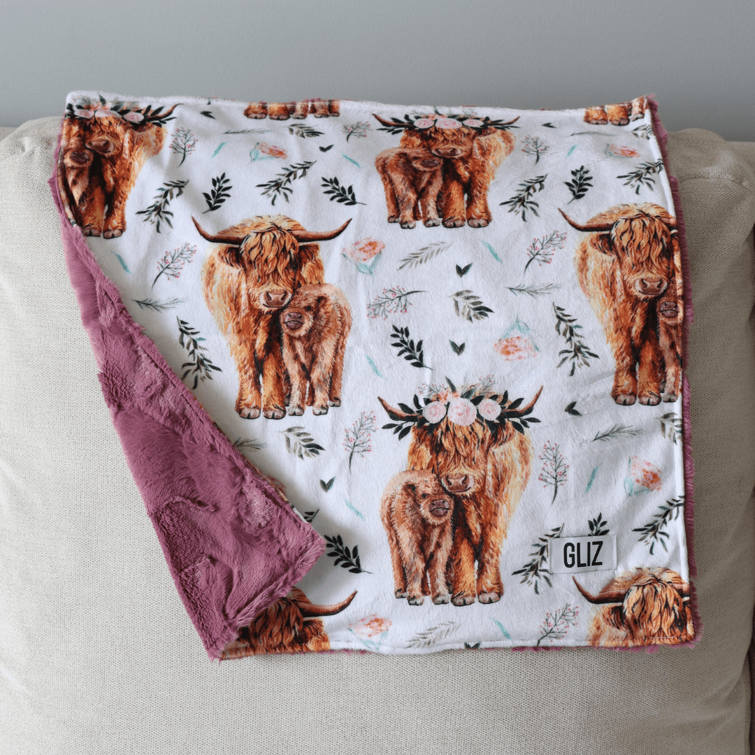 Blankets - Pink Spring Highland Cow Floral - Gliz Design