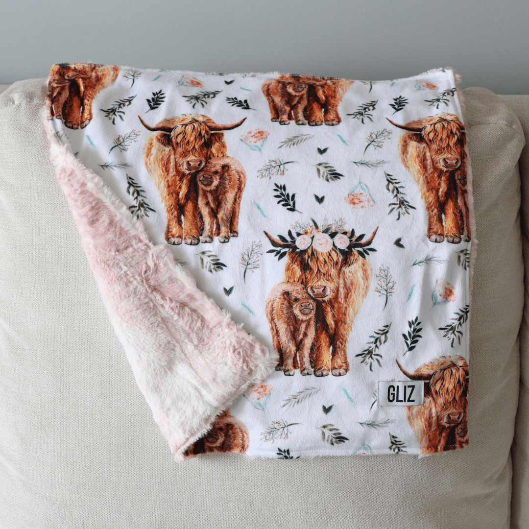 Blankets - Pink Spring Highland Cow Floral - Gliz Design