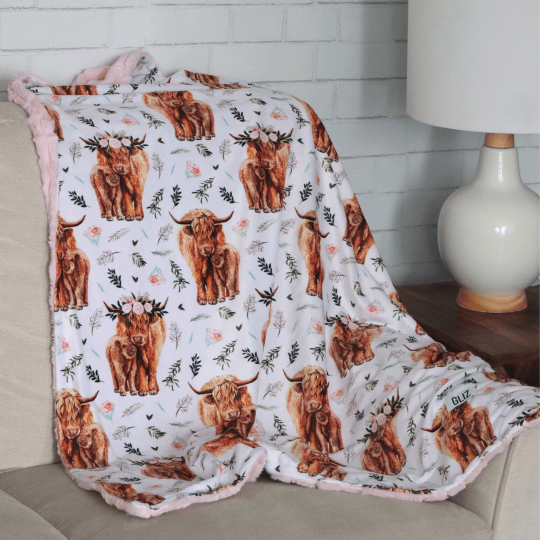 Gliz Design Blankets Pink Spring Highland Cow Floral